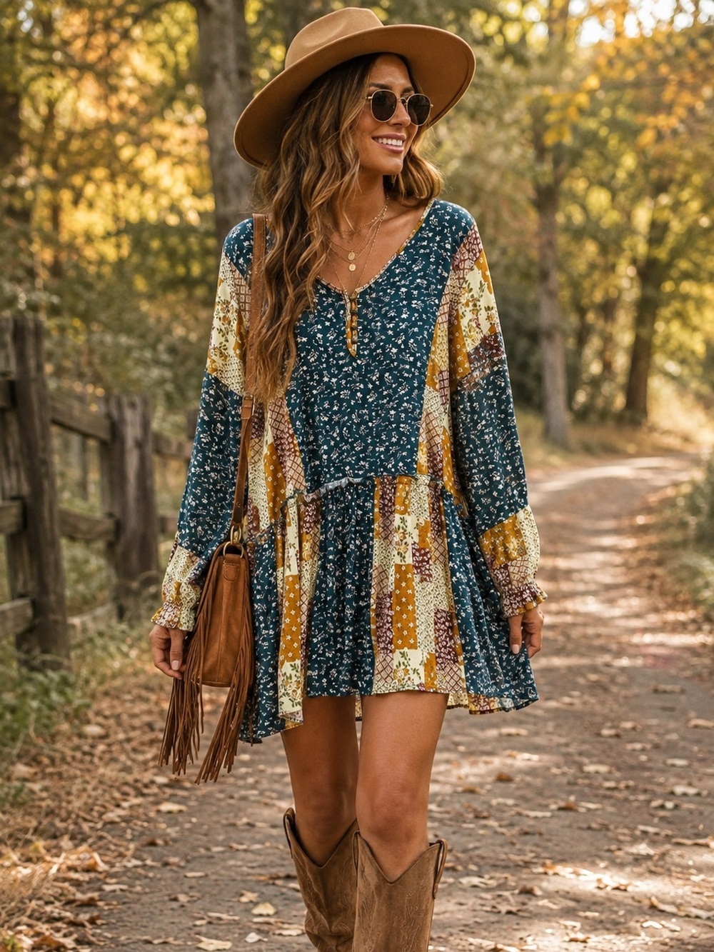 NWT Jodifl Patchwork Floral Tunic Dress S Mixed Print Fall Rayon Western Boho